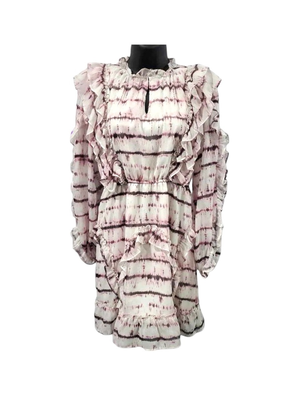 Ruffled Tie-Dye Long Sleeve Mini Dress - Pink